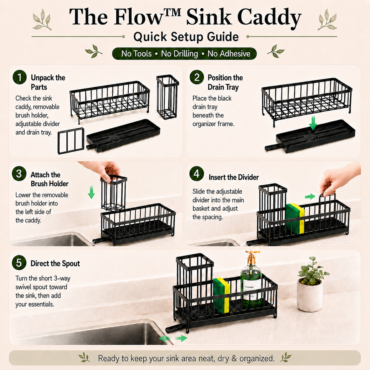 The Flow™ Sink Caddy | Kitchen Sink Organizer with Drain Tray