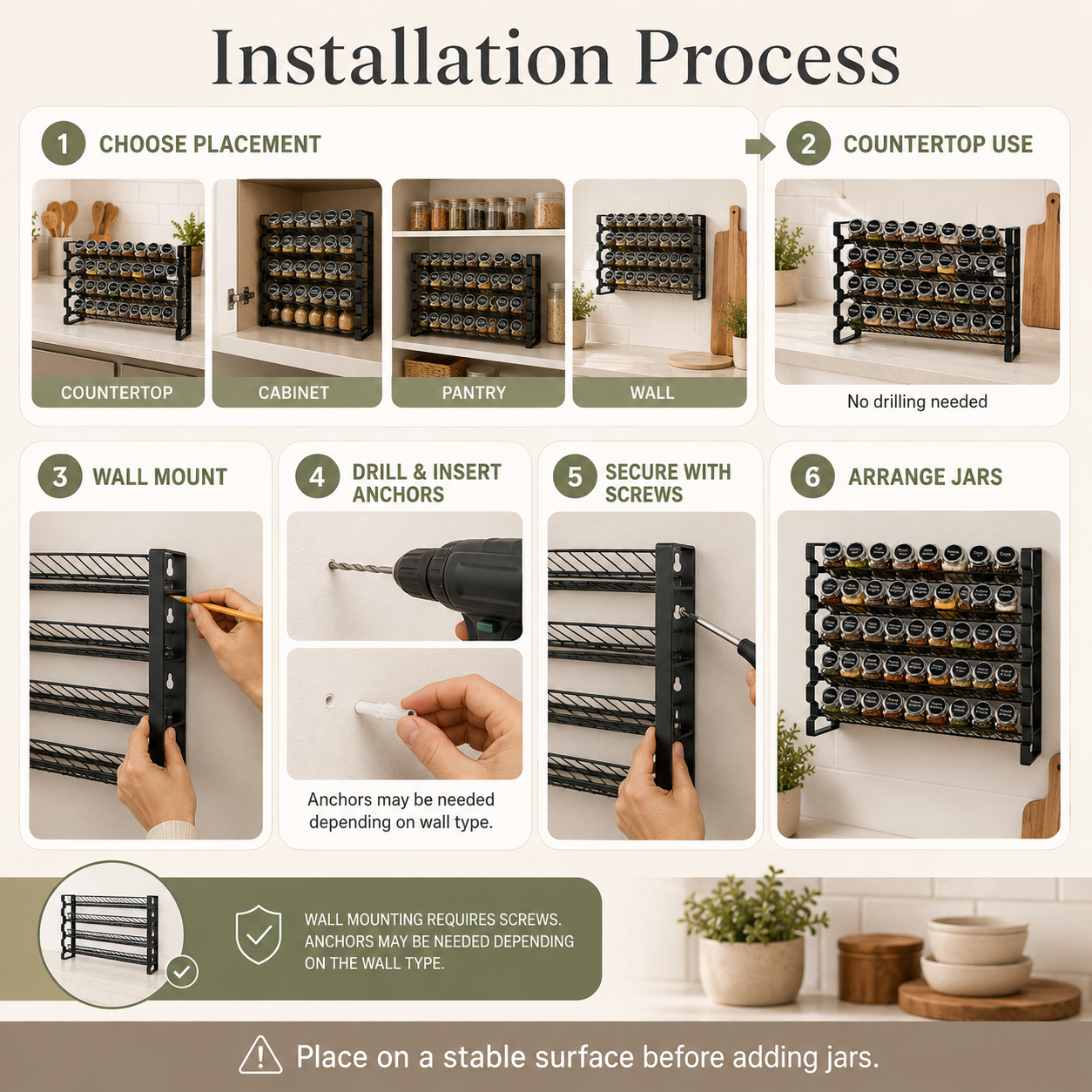 23×16 Spice Rack Organizer with 36 Glass Jars
