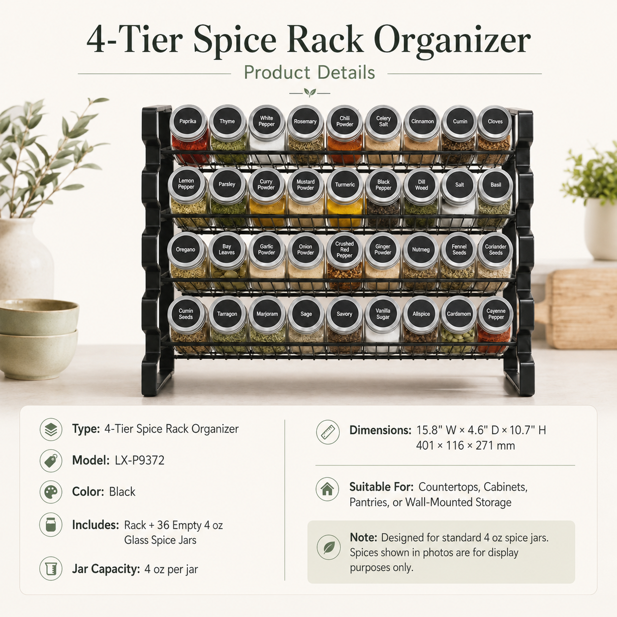 4-Tier Spice Rack Organizer with 36 Glass Jars | Simarka