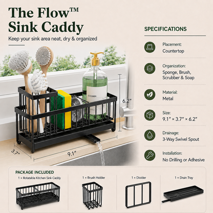 The Flow™ Sink Caddy | Kitchen Sink Organizer with Drain Tray